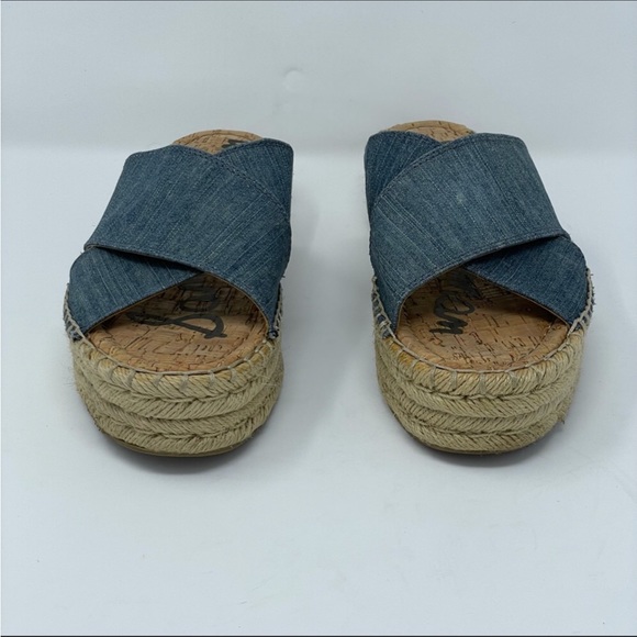 Sam Edelman | Natty Blue Chambray Platform Espadrille Slide Sandals - Picture 3 of 7